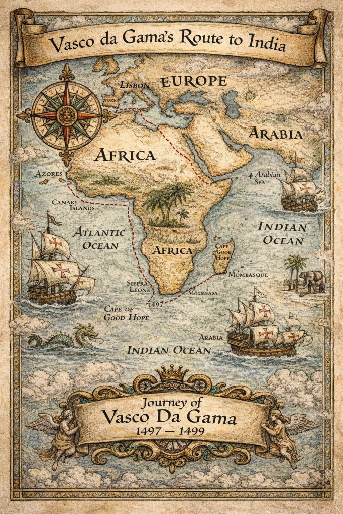 Illustrated map of Vasco da Gama's route around the Cape of Good Hope and into the Indian Ocean