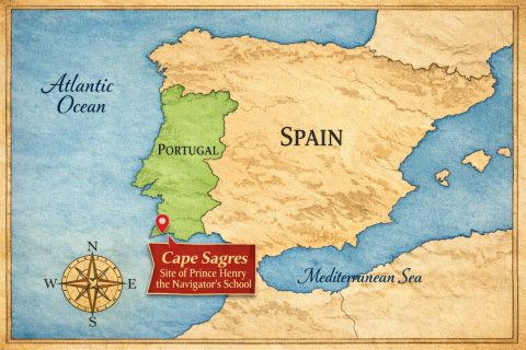 Map show the location of Cape Sagres, where Prince Henry the Navigator's school was established.