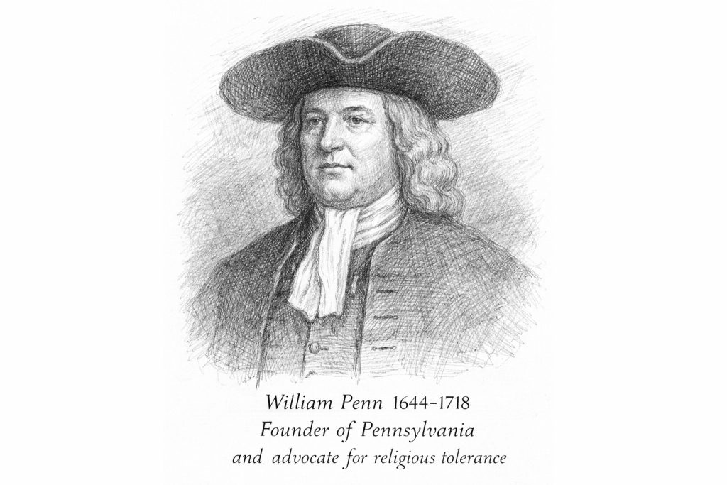 Artist's depiction of William Penn, founder of Pennsylvania and advocate for religious tolerance