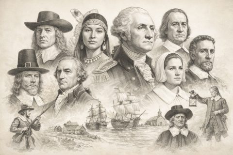 A montage leaders from the 13 colonies