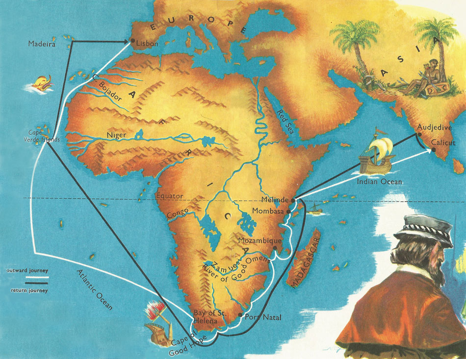 Map showing the route of Vasco da Gama