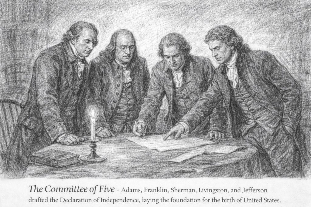 The committee of 5 looking over their draft of the Declaration of Independence